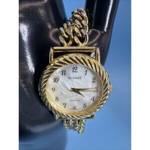 VTG Mirage Watch Women Bracelet  Gold Tone Japan Move Fancy New Battery MOP Dial